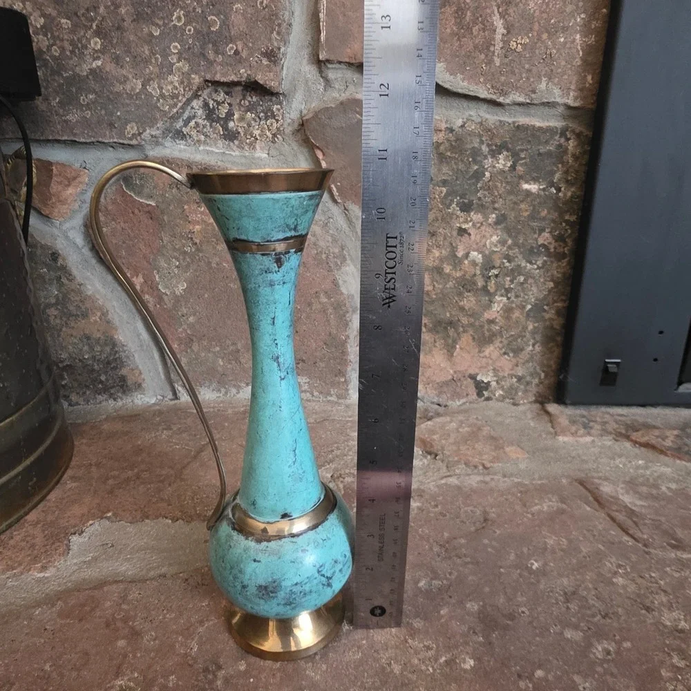 Vintage Brass Turquoise Verdigris Pitcher Bud Vase Decorative Handle 11